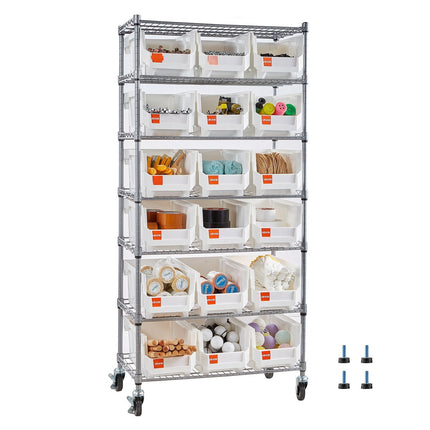Rolling Bin Storage Rack, 7-Tier, 18 Bins, Steel, Wheels