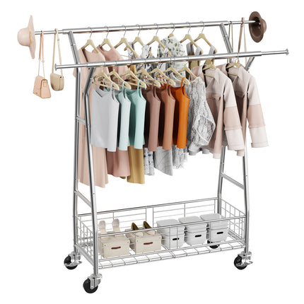 Rolling Clothes Rack, 2 Rods, Basket, 150 kg Capacity