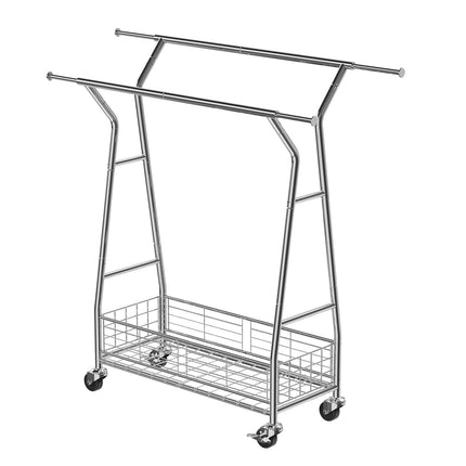 Rolling Clothes Rack, 2 Rods, Basket, 150 kg Capacity
