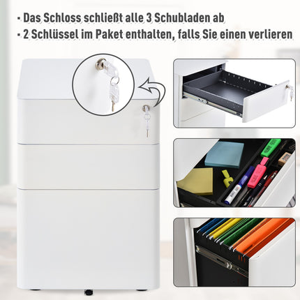 White mobile filing cabinet in steel with 3 drawers, 39x48x59 cm