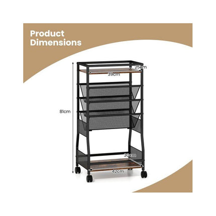 Rolling File Cart with 3 Slanted Shelves on Wheels, Black, 42 x 30 x 81 cm