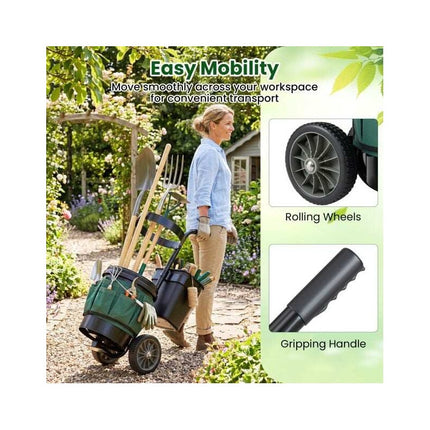 Rolling Garden Cart with Wheels, 20 L Bucket, 10 L Bin, Tool Bag, Green