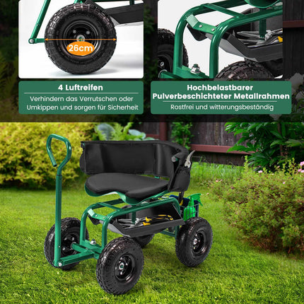 Scaun de grădină cu roți și spațiu de depozitare, reglabil, verde