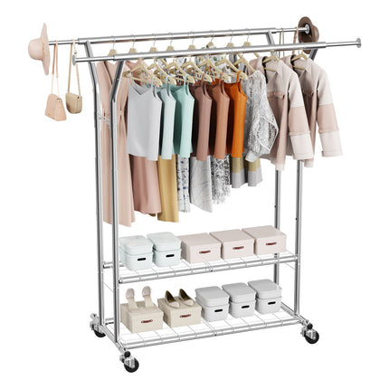 Rolling Garment Rack, 2 Rods 2 Shelves, 120 kg