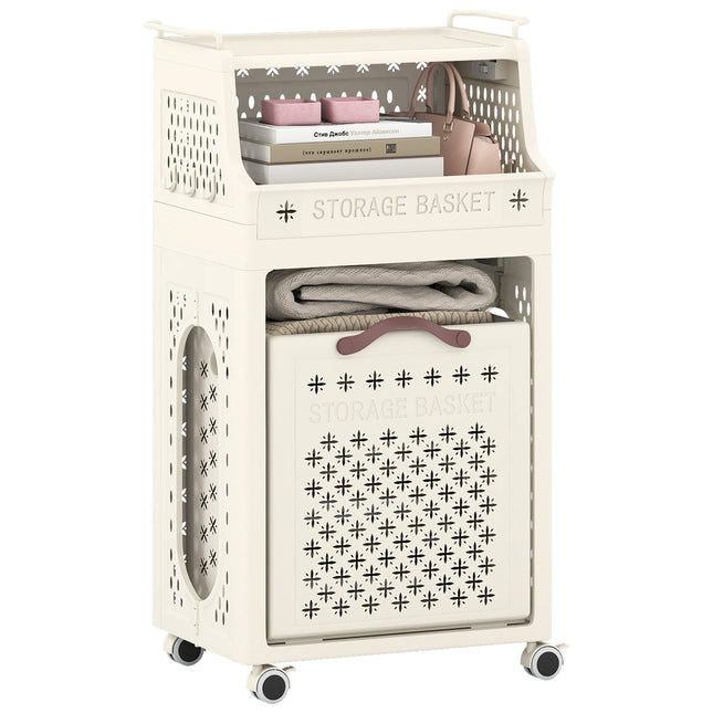 Rolling Laundry Basket with Shelf, Foldable, Beige, 30L
