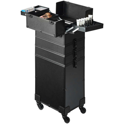 Rolling Makeup Case, 5-in-1 Aluminum Trolley, Black