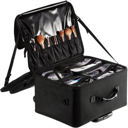 Rolling Makeup Train Case, 3-Tier, Waterproof, Wheels, Black