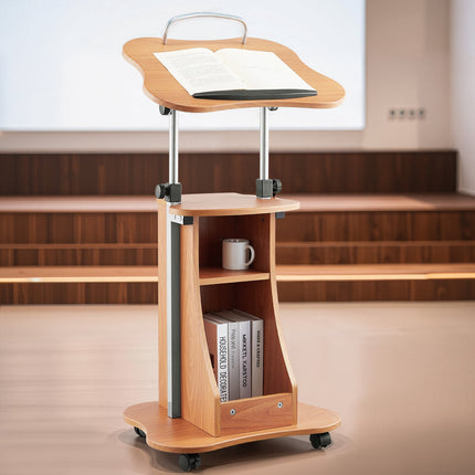 Rolling Podium Lectern, Adjustable Height, Storage Shelf