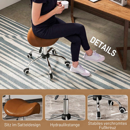 Rolling Saddle Stool Height Adjustable 49-61 cm, 360° Swivel, Brown