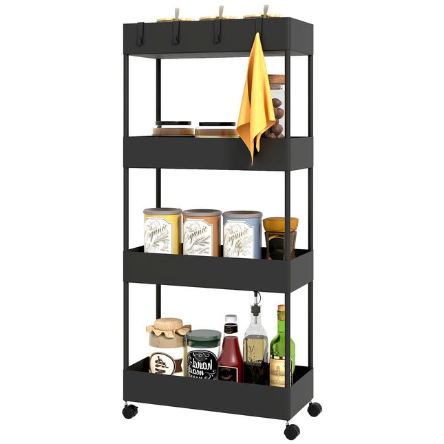 Carucior rulant, Raft de bucatarie cu 4 etaje, Suport de depozitare cu roti, Carucior de bucatarie cu frane, Carucior de servire pentru bucatarie, dormitor, living, plastic, negru, 40 x 19 x 90 cm |