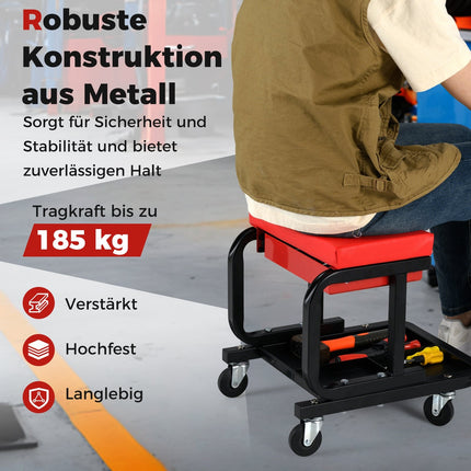Scaun de atelier cu roți și sertar, capacitate 185 kg, roșu