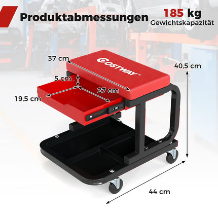 Scaun de atelier cu roți și sertar, capacitate 185 kg, roșu