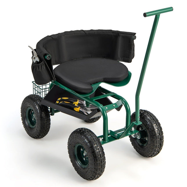 Scaun rulant cu roti, rotativ 360°, reglabil pe inaltime, scaun de gradina mobil, 90 x 59 x 106 cm, verde