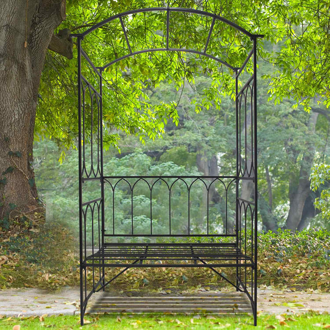 Arc de trandafiri cu bancă, bancă de trandafiri, bancă cu foișor, bancă filosofului, spalier, bancă de grădină, metal, negru, 115 X 50 X 203 Cm