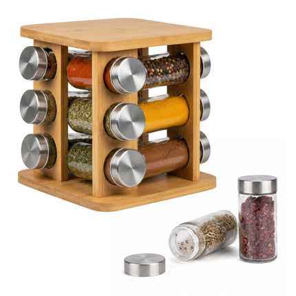 Rotating Bamboo Spice Carousel with 12 Glass Shaker Jars, Silver