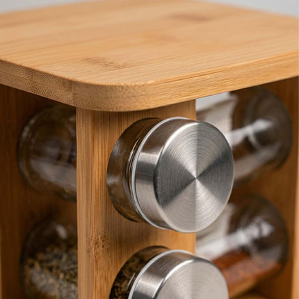Rotating Bamboo Spice Carousel with 12 Glass Shaker Jars, Silver