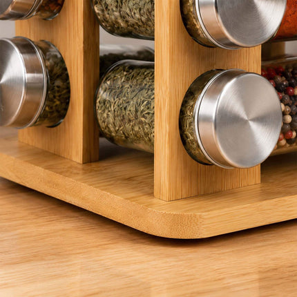 Rotating Bamboo Spice Carousel with 12 Glass Shaker Jars, Silver