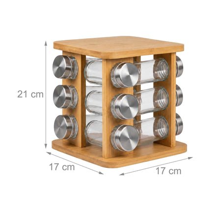 Rotating Bamboo Spice Carousel with 12 Glass Shaker Jars, Silver