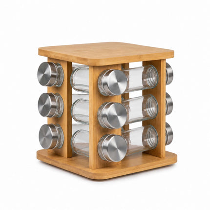 Rotating Bamboo Spice Carousel with 12 Glass Shaker Jars, Silver