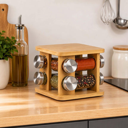 Rotating Bamboo Spice Carousel with 12 Glass Shaker Jars, Silver