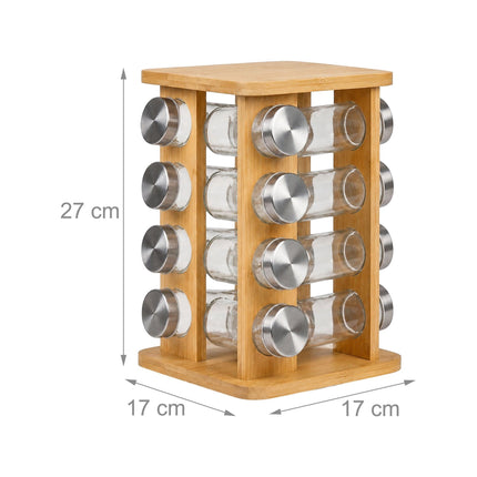 Rotating Bamboo Spice Carousel with 16 Glass Shaker Jars, Silver