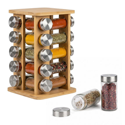 Rotating Bamboo Spice Carousel with 20 Glass Shaker Jars, Silver