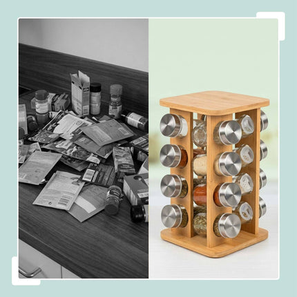 Rotating Bamboo Spice Carousel with 20 Glass Shaker Jars, Silver