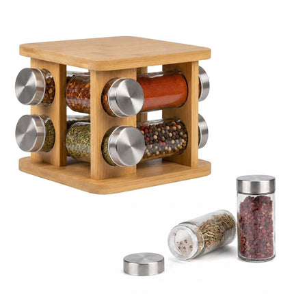 Rotating Bamboo Spice Carousel with 8 Glass Shaker Jars, Silver