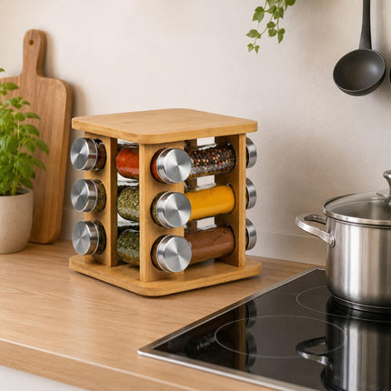Rotating Bamboo Spice Carousel with 8 Glass Shaker Jars, Silver
