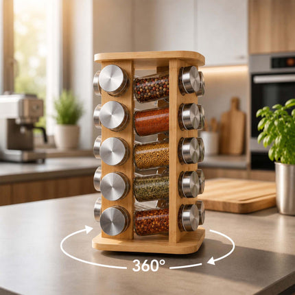 Rotating Bamboo Spice Carousel with 8 Glass Shaker Jars, Silver