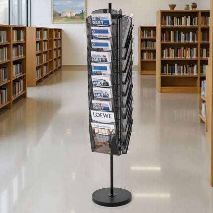 Rotating Brochure Display Rack, 30-Pocket Metal Mesh, A4