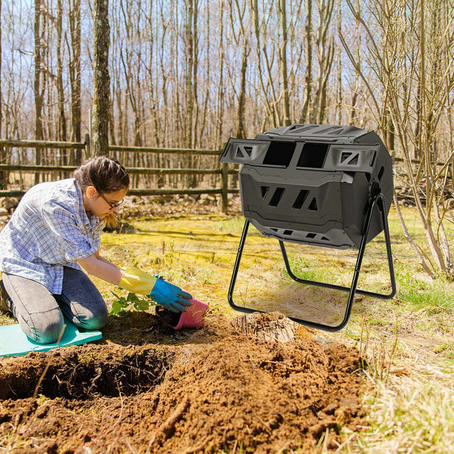Recipient rotativ pentru compost, tambur de grădină cu cameră dublă de 160 l