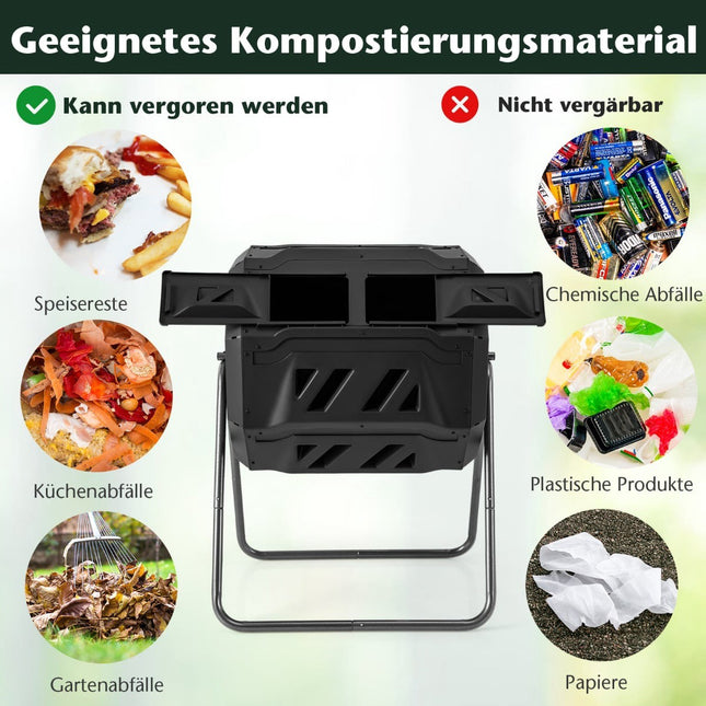 Recipient de compost rotativ cu cameră dublă, 160 l, negru