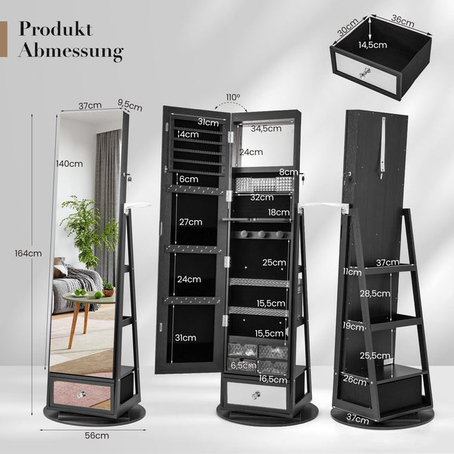 Dulap rotativ pentru bijuterii cu oglindă, cu încuietoare, negru