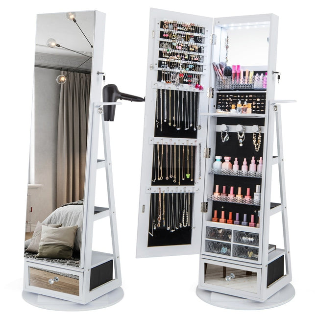 Dulap rotativ pentru bijuterii cu oglindă, LED, încuietoare – 140x37 cm