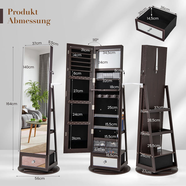 Dulap rotativ pentru bijuterii cu oglindă, încuiabil, lumini LED