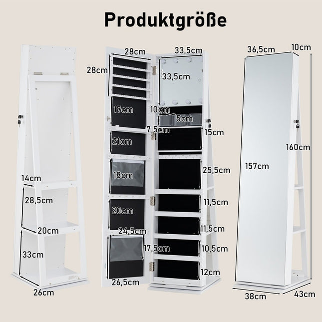 Dulap rotativ pentru bijuterii cu oglindă, rafturi, lumini LED