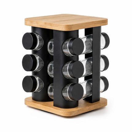 Rotating Spice Carousel with 12 Glass Shaker Jars, Bamboo, Matt Black