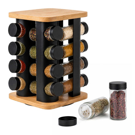 Rotating Spice Carousel with 16 Glass Shaker Jars, Bamboo, Matt Black
