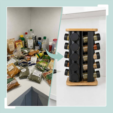 Rotating Spice Carousel with 16 Glass Shaker Jars, Bamboo, Matt Black