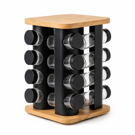 Rotating Spice Carousel with 16 Glass Shaker Jars, Bamboo, Matt Black