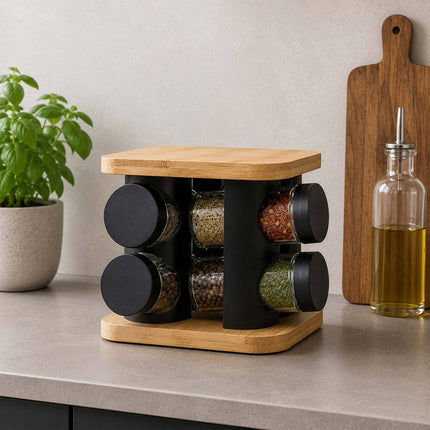 Rotating Spice Carousel with 16 Glass Shaker Jars, Bamboo, Matt Black