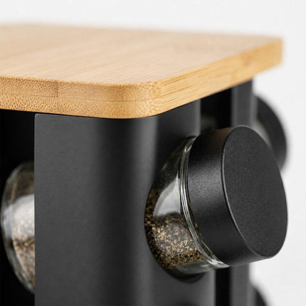 Rotating Spice Carousel with 16 Glass Shaker Jars, Bamboo, Matt Black
