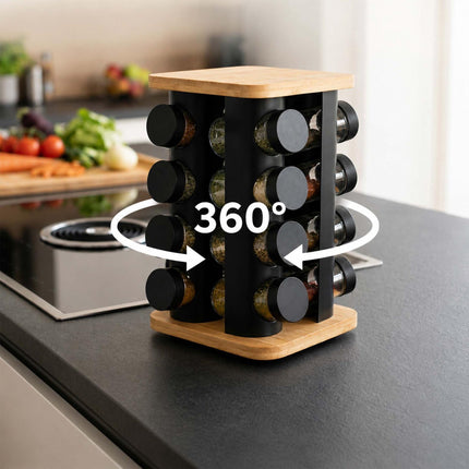 Rotating Spice Carousel with 16 Glass Shaker Jars, Bamboo, Matt Black