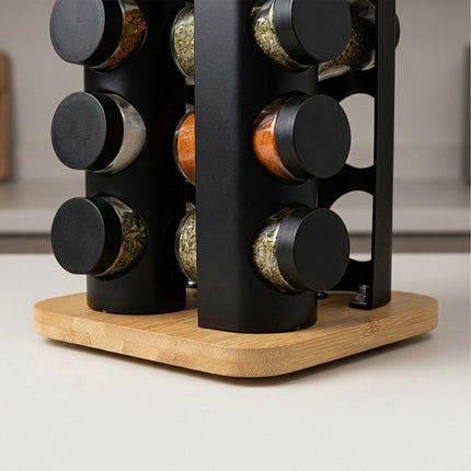 Rotating Spice Carousel with 20 Glass Shaker Jars, Bamboo, Matt Black