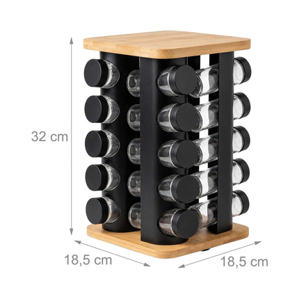 Rotating Spice Carousel with 20 Glass Shaker Jars, Bamboo, Matt Black