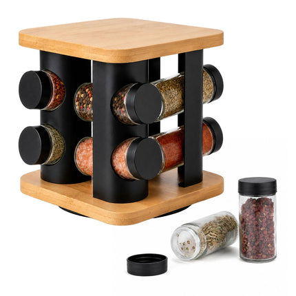 Rotating Spice Carousel with 8 Glass Shaker Jars, Bamboo, Matt Black