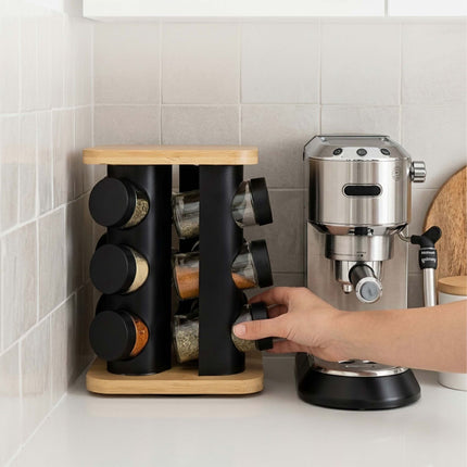 Rotating Spice Carousel with 8 Glass Shaker Jars, Bamboo, Matt Black