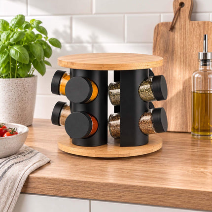 Rotating Spice Rack with 12 Glass Jars and Shaker Inserts, Bamboo, Black