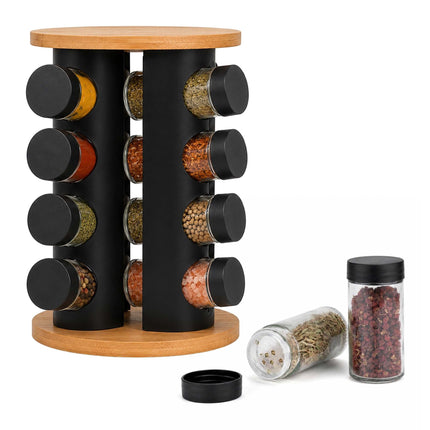 Rotating Spice Rack with 16 Glass Jars and Shaker Inserts, Bamboo, Black